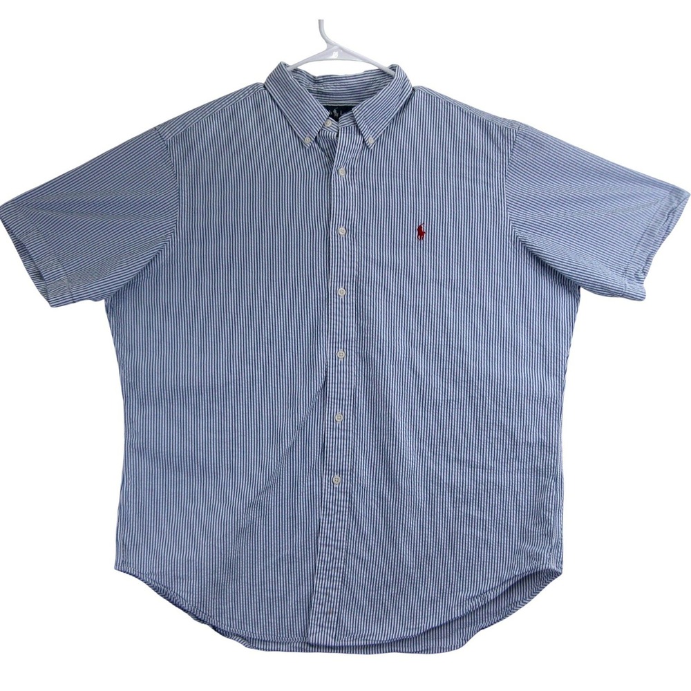 Ralph Lauren Classic Fit Seersucker Shirt Mens XL Blue‎ Stripe Short Sleeve Prep